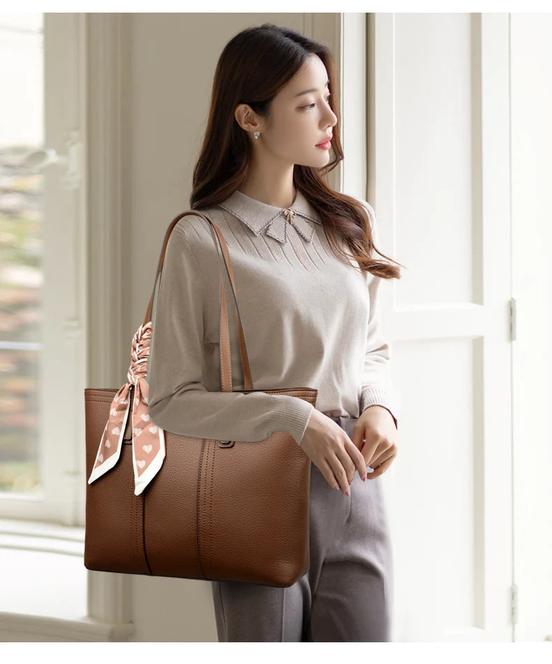 Genuine Cow Leather Large Shoulder Tote Bag – Rivet Sequin Designer Handbag for Women