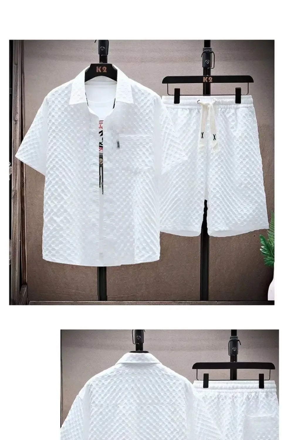Men's Ice Silk Plaid Lapel Shirt & Shorts Set – Korean Luxury Casual Oversize 2-Piece