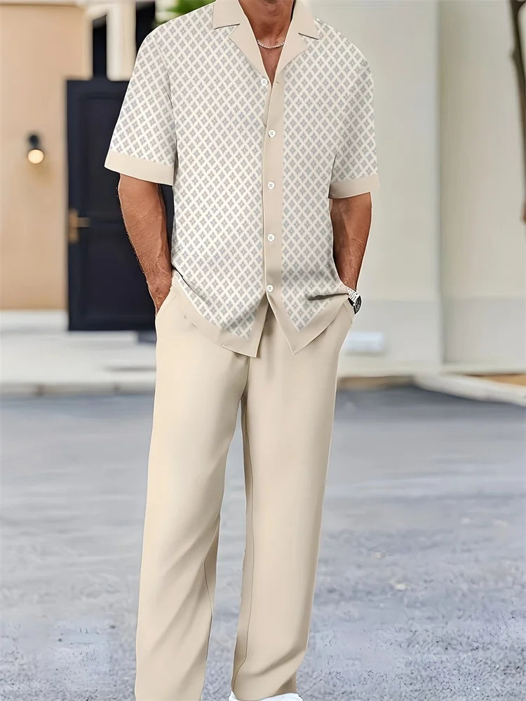 Men's 3D Striped Print Lapel Shirt & Shorts Casual Set – Autumn Outdoor 2-Piece