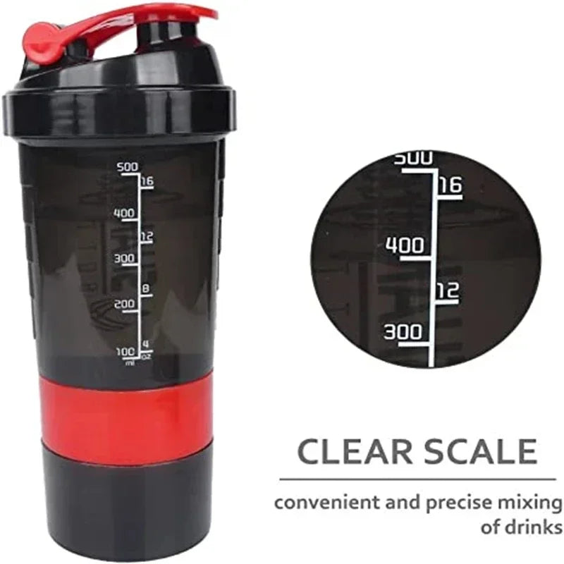 500ml Portable Protein Shaker Bottle with Powder Storage & Wire Whisk Ball – Gym & Sport Mixer Cup