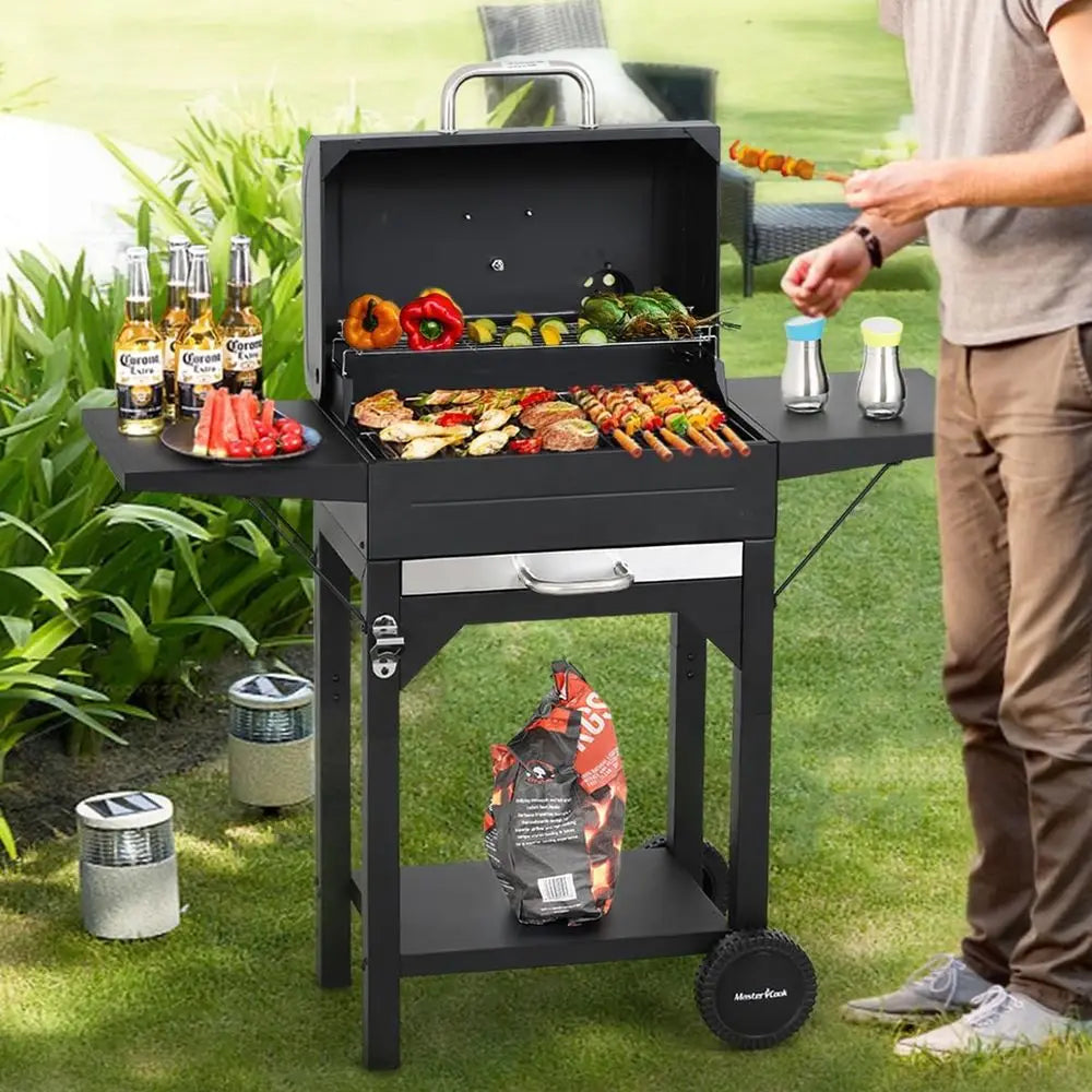 Dual-Side Table Charcoal Grill | 332 Sq. In. Cooking Area, Built-In Thermometer, 360° Wheels, Removable Ash Collector, Outdoor BBQ Smoker