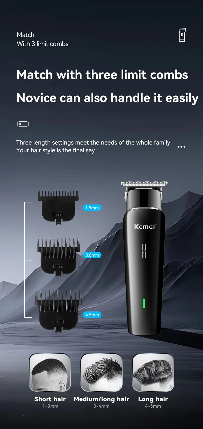 Kemei KM-1115 Professional Hair Clipper – USB Fast Charge, 160-Min Battery, Low Noise, Cordless