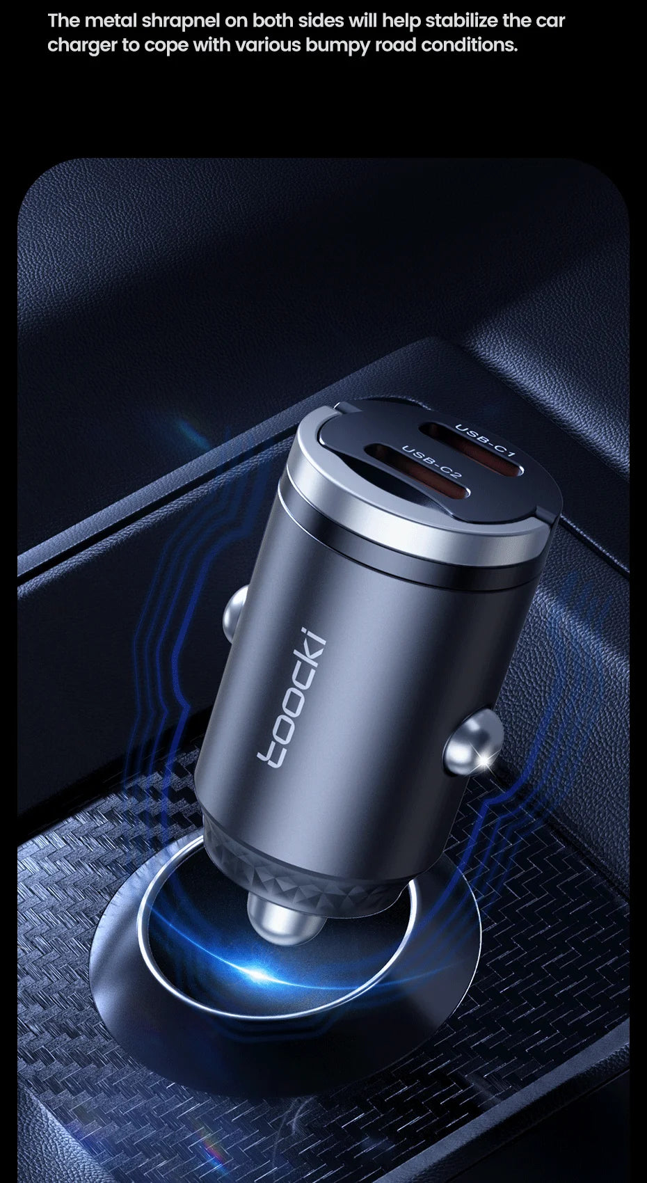 Toocki 45W Mini PD Car Charger — Fast Charging USB-C for iPhone & Samsung