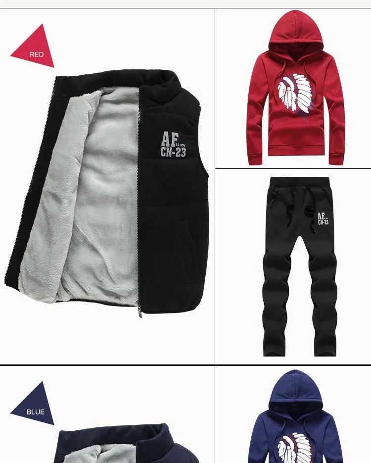 Men's 3-Piece Winter Tracksuit – Hoodie, Vest & Pants Thick Warm Set