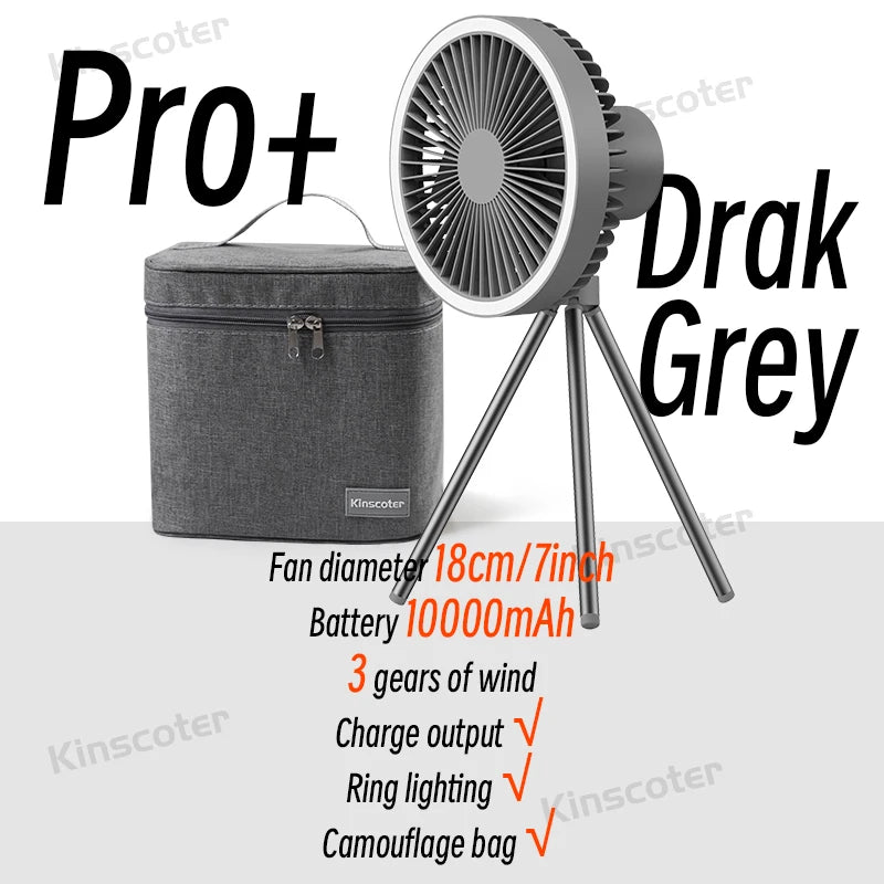 10000mAh Camping Fan – Rechargeable Portable Wireless Ceiling Fan with Power Bank & LED Lighting Tripod