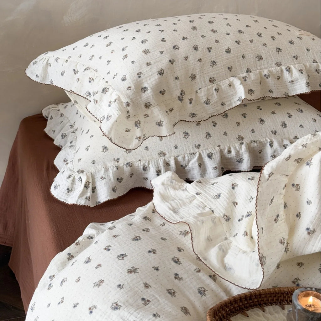Princess Ruffle Bedding Set – 100% Cotton Gauze Duvet Cover with Pillowcases, Floral, 3-Piece