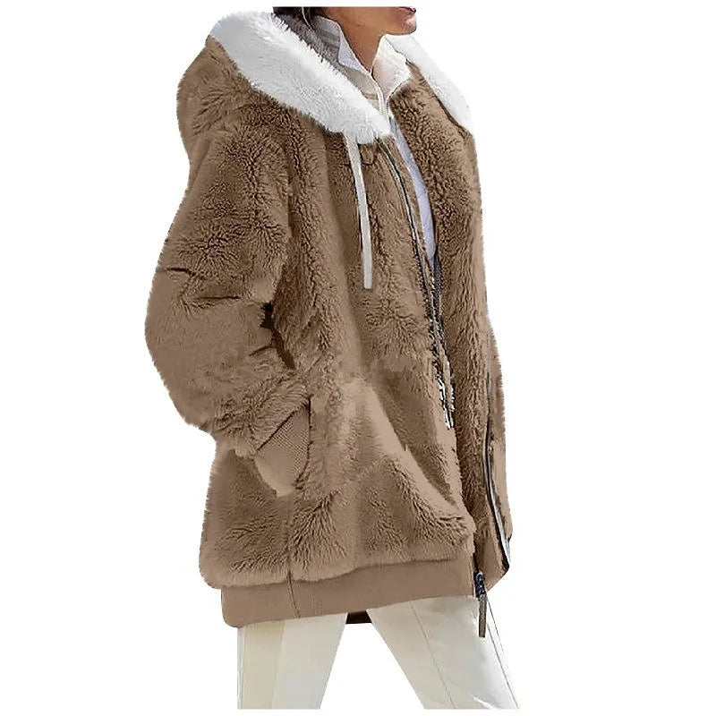 Women's Hooded Zip-Up Fleece Jacket – Loose Casual Solid Color Coat