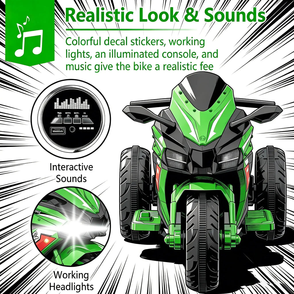 12V Kids Ride-On Motorcycle – Three-Wheel Electric Toy with Remote