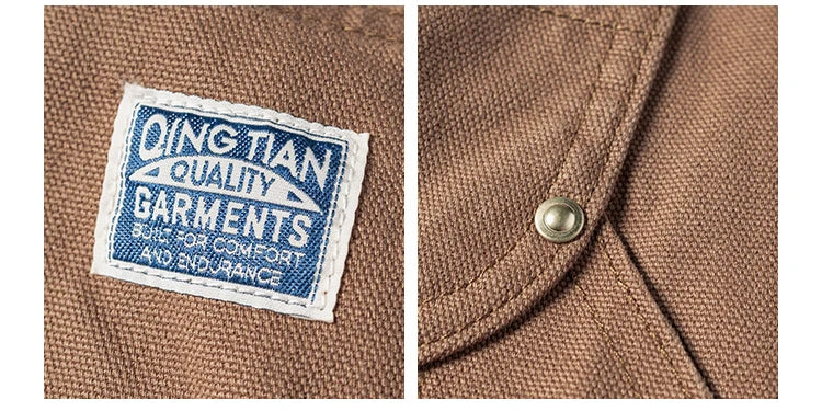 Close-up of a brown woven garment showing a blue and white 'QING TIAN QUALITY GARMENTS' label on the left panel and a matching brown fabric panel with a metal snap button on the right panel.