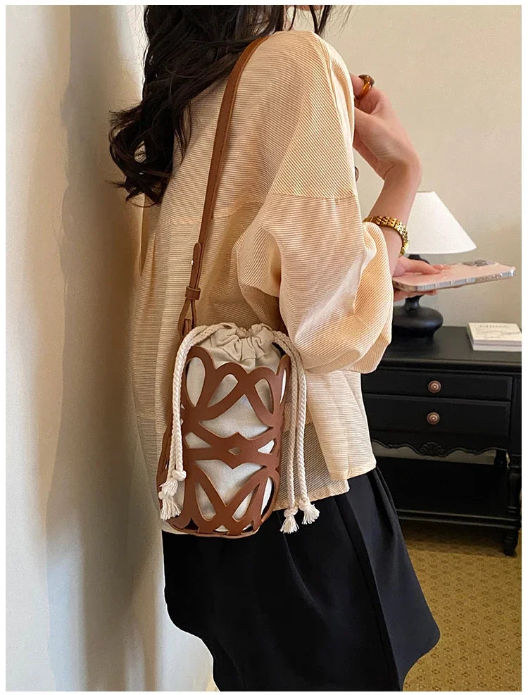 Brilliant Fish Hollow Out Drawstring Mini Bucket Crossbody Bag – Adjustable Strap Shoulder Bag for Women