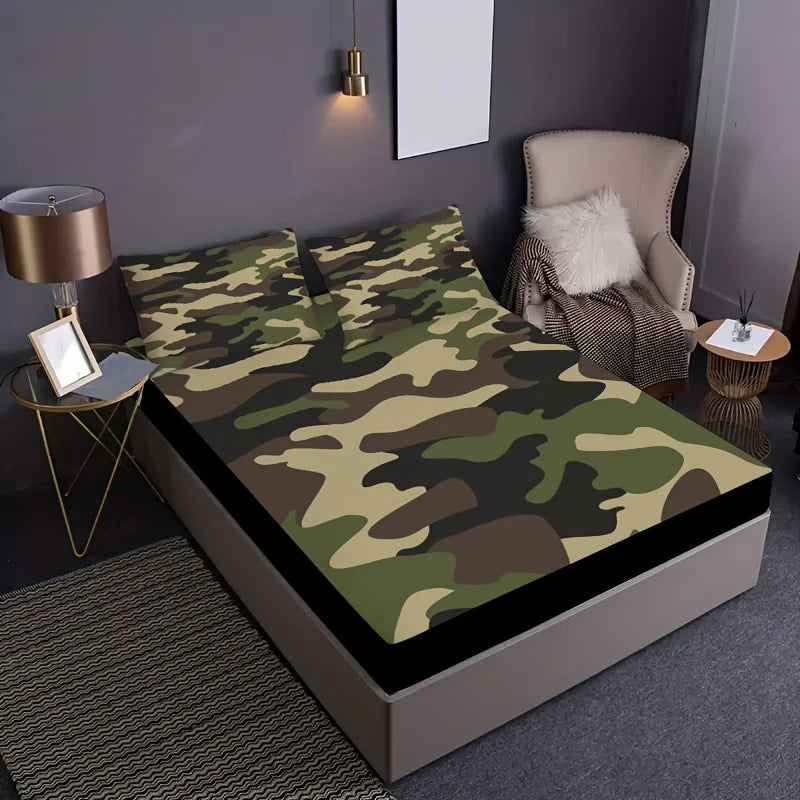 Camouflage Pattern Fitted Sheet – 300TC Polyester Mattress Cover, Multiple Sizes