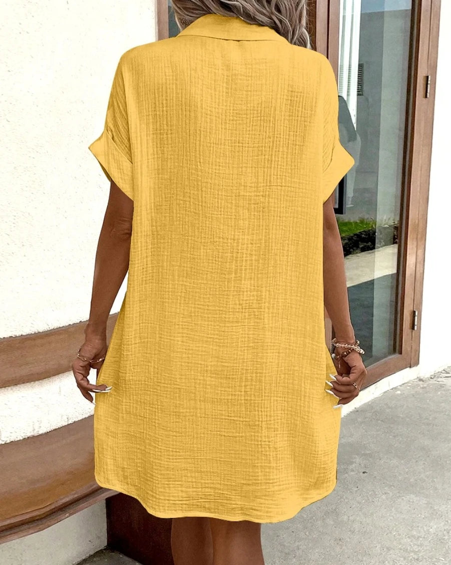 V-Neck Cotton Linen Mini Dress — Three-Quarter Sleeve Casual Holiday Dress