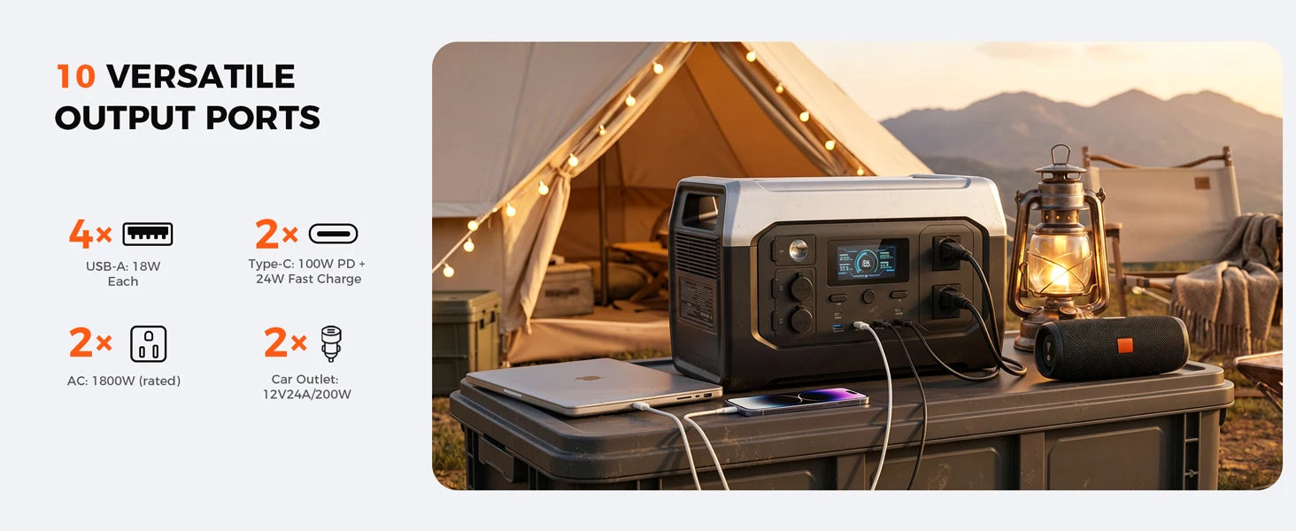 1800W Portable Power Station — LiFePO4 Battery, UPS Function, Pure Sine Wave Solar Generator for Home & Outdoor