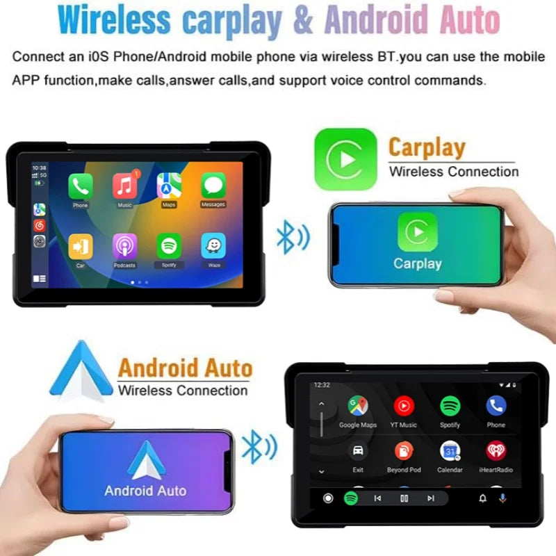 5"/7" Motorcycle CarPlay Screen – Wireless CarPlay & Android Auto, GPS Navigation, Dual Bluetooth, IPX7