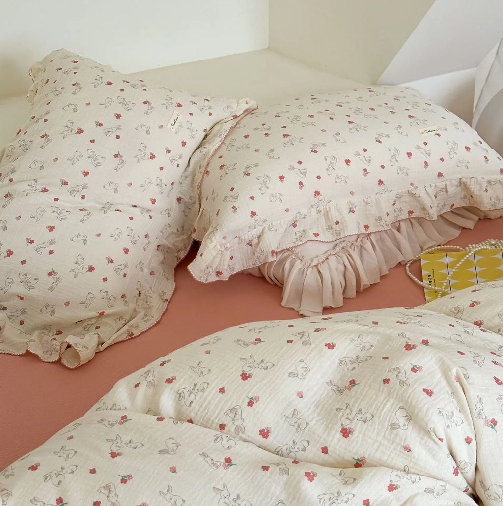 Princess Ruffle Bedding Set – 100% Cotton Gauze Duvet Cover with Pillowcases, Floral, 3-Piece