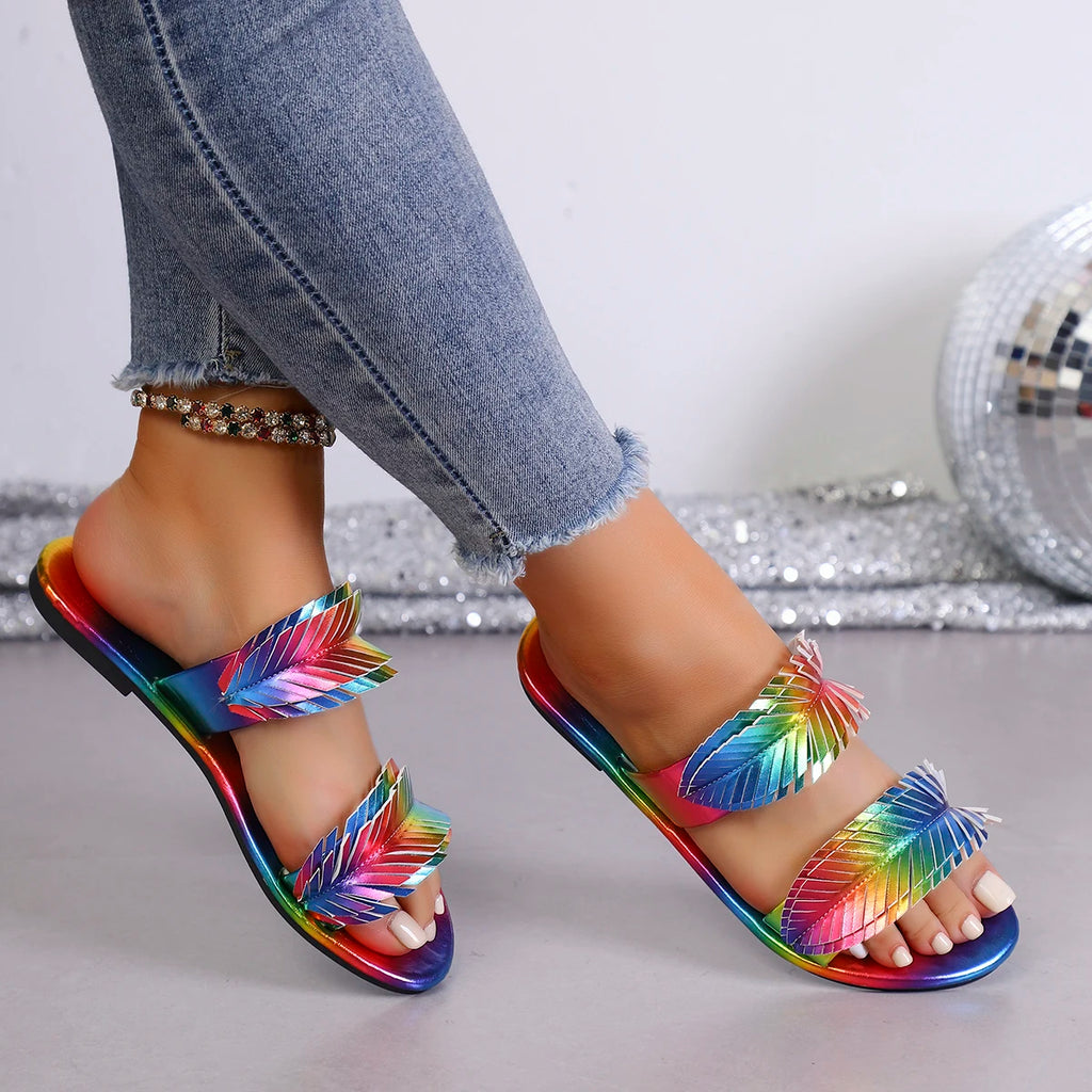 Women's Iridescent Gradient Flat Sandals – Versatile Beach Shoes