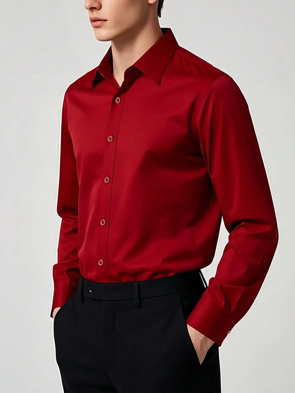 Men's Solid Red Long Sleeve Formal Dress Shirt — Bold Color Business Shirt