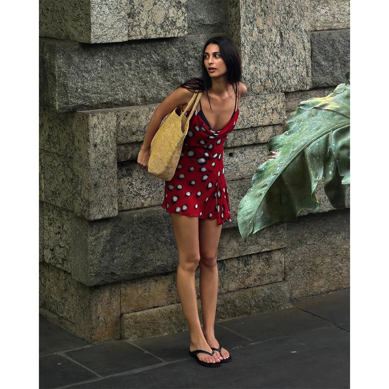 Women's V-Neck Lace-Up Polka Dot Mesh Dress – Flared Sleeve Slim Fit Casual Daily Dress