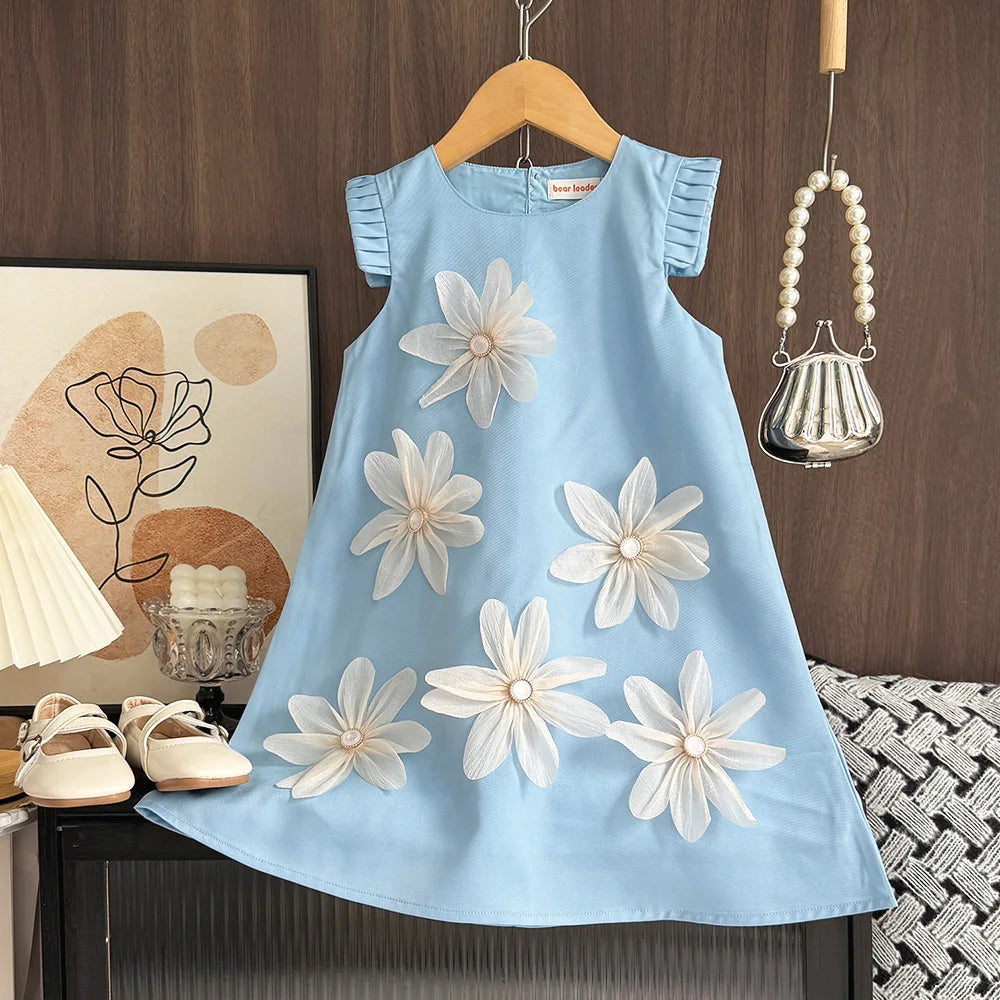Girls 3D Flower Vest Princess Dress — Wedding & Party Dress (2–7 Years)