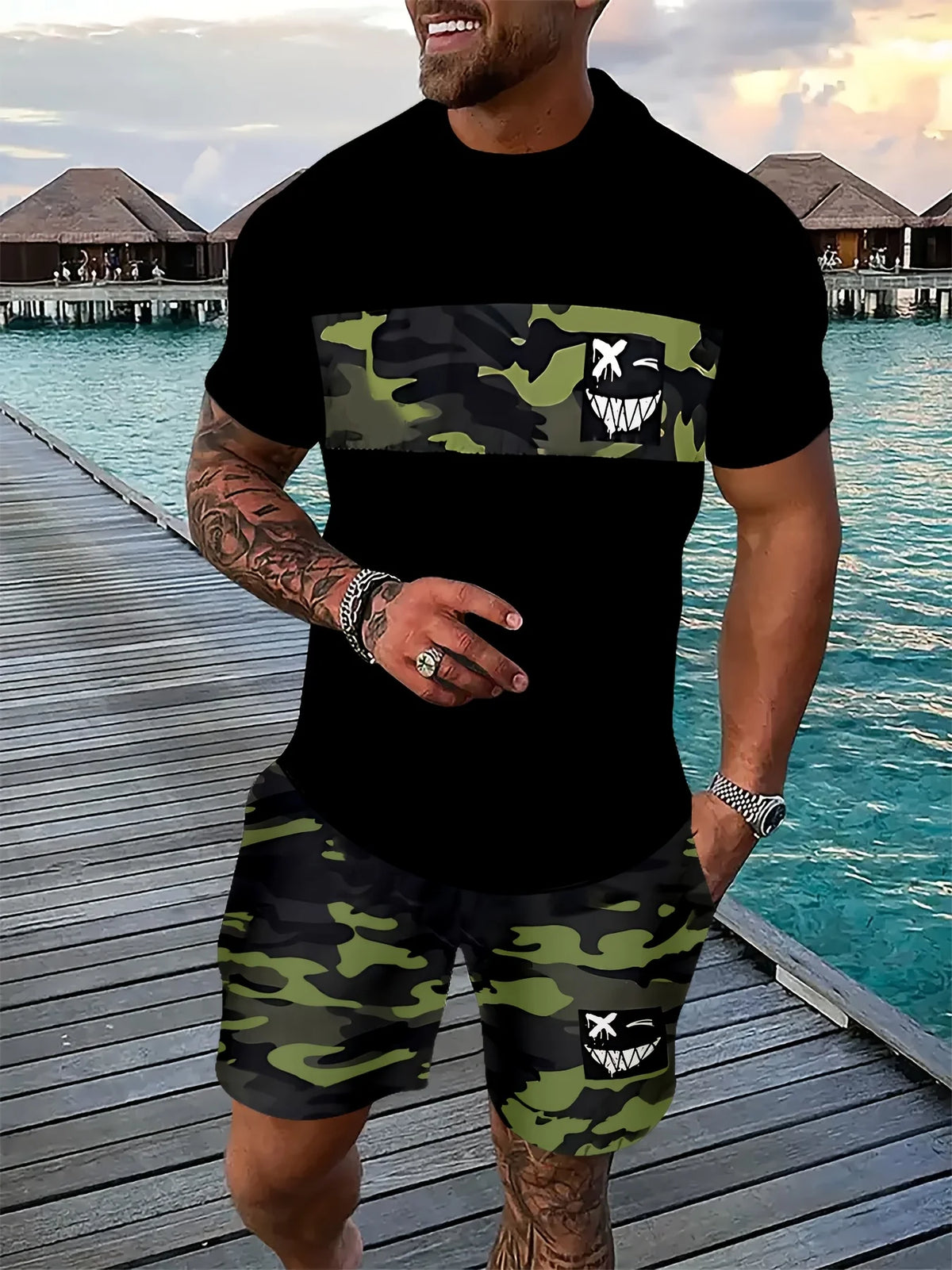 Men's Striped Short Sleeve T-Shirt & Drawstring Shorts Outdoor Travel Set