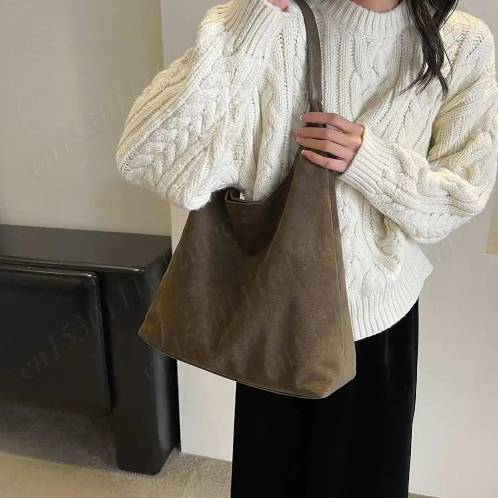 Vintage Suede Large Capacity Shoulder Tote Bag – Stylish Commuter Hobo Handbag for Women