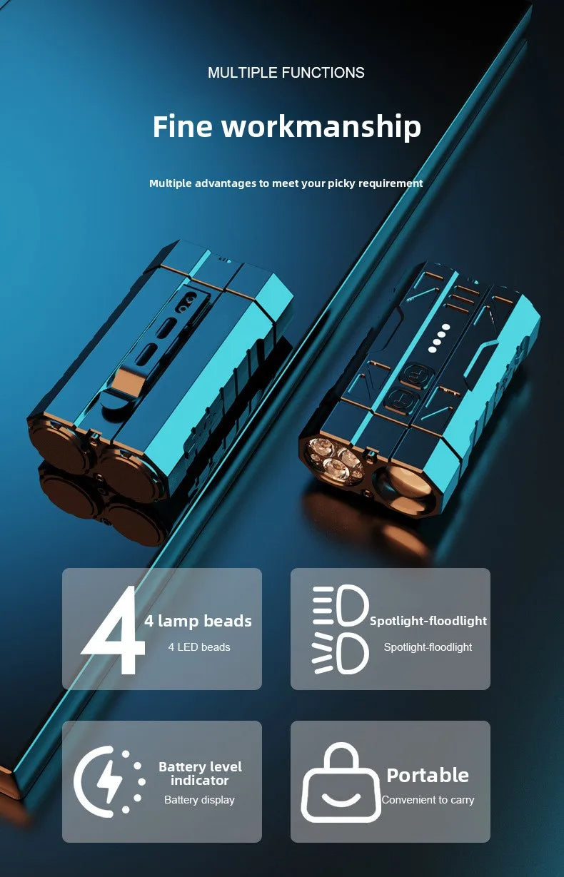 EDC Aluminum Alloy Multi-Function Flashlight – Dual Switch & Power Display