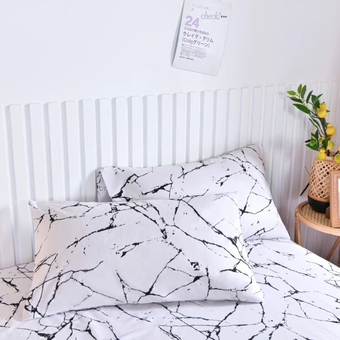 Marble Print Fitted Bed Sheet – Elastic Band, Single to King, All-Around Bed Cover