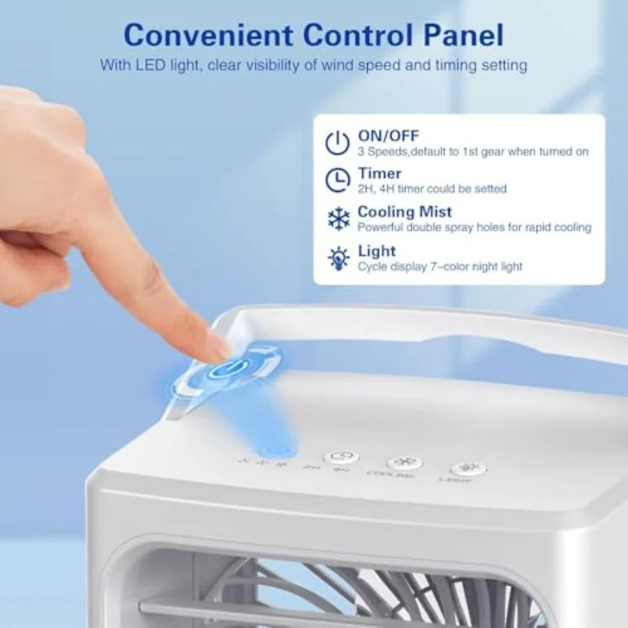 Portable air conditioners for car, bedroom, office, desk, RV, room: 3-in-1 mini AC unit with icy mist, 900ML water tank, 3-spee
