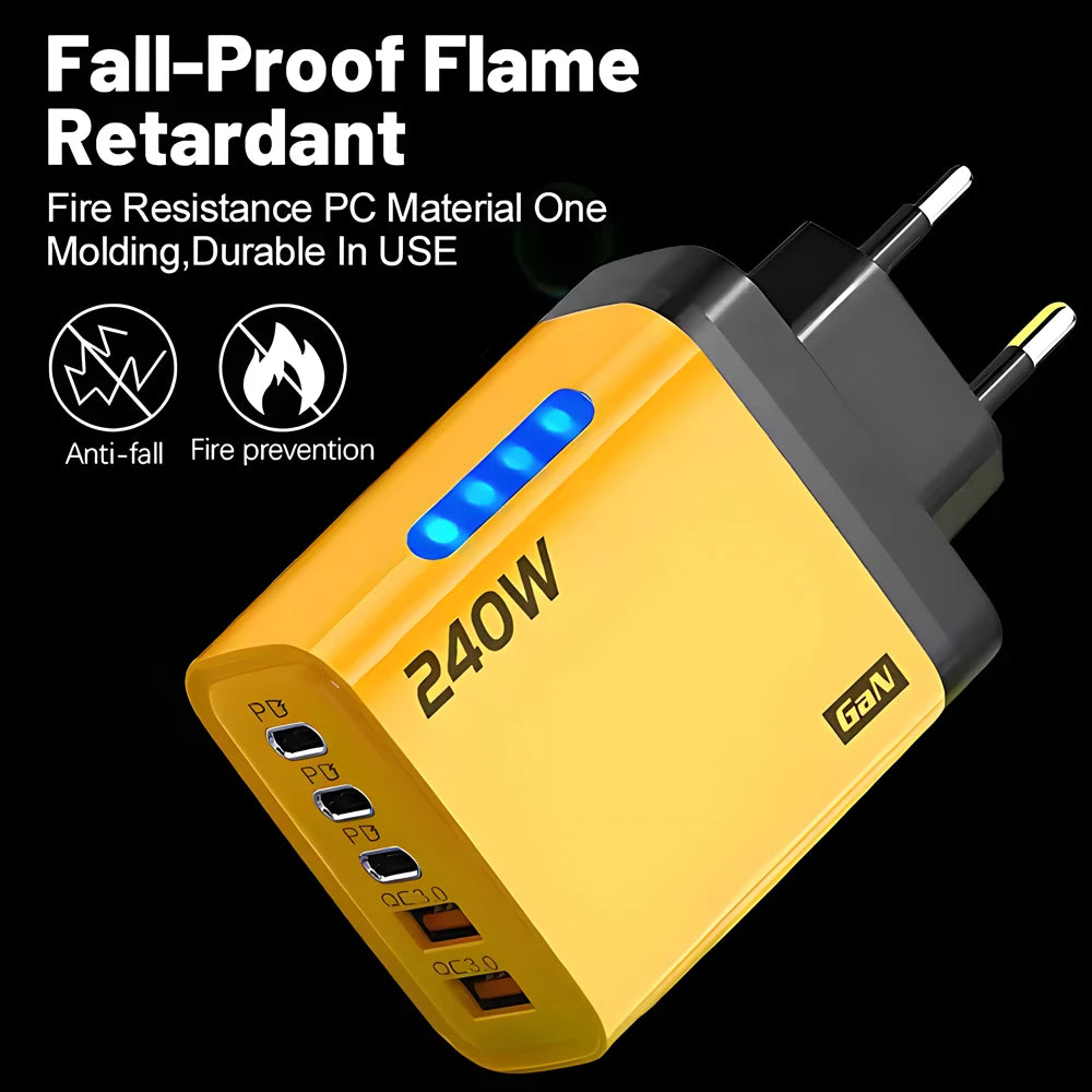 Charge 5 Devices at Once. — 5-Port USB-C PD GaN Charger | 240W Max, Quick Charge 3.0, iPhone 16/15, Samsung, Xiaomi, Huawei, US & EU Plug