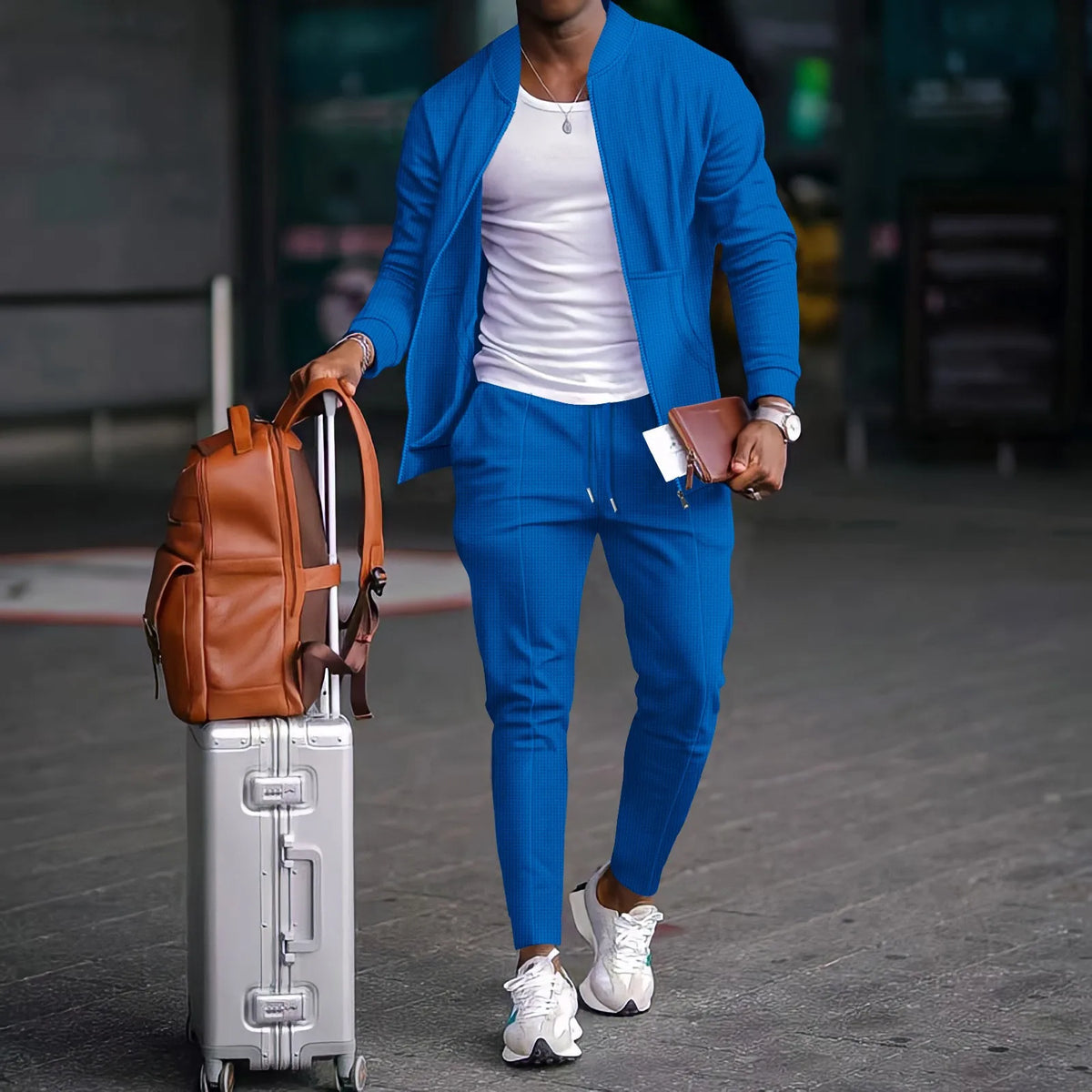 Men's Solid Color Waffle Knit Baseball Tracksuit – Stand Collar Zip Jacket & Drawstring Pants