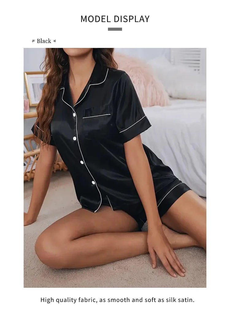 Women's Satin Button Down Pajama Set | 2-Piece Silk Sleepwear Top & Shorts