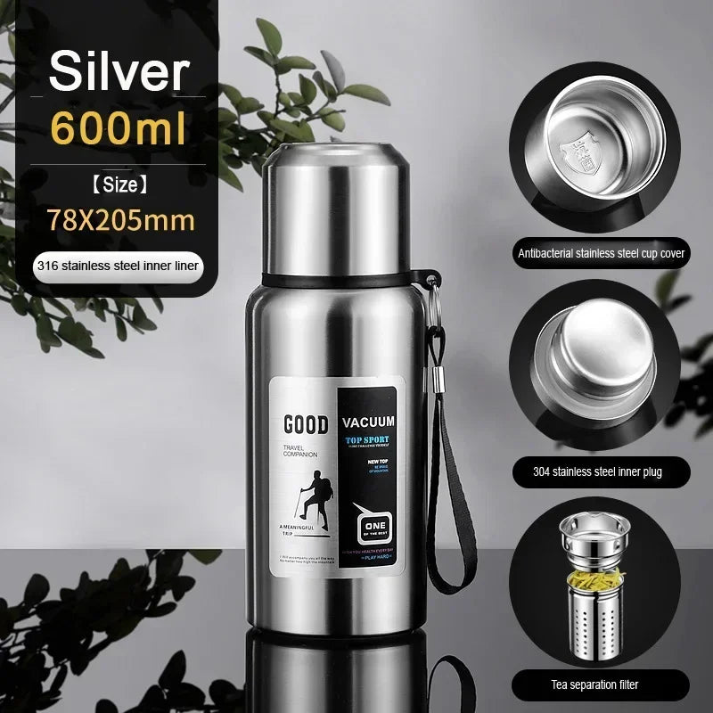 CZSAE 316 SS Vacuum Thermos Tumbler – Bullet Shape, 12–24Hr Insulated, 600ml–2000ml, Silver & Black, CE Certified
