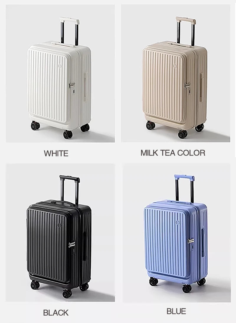 Expandable Front-Opening Suitcase – Cup Holder & Spinner Wheels
