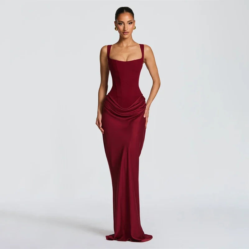 Sexy Strapless Pleated Maxi Dress – Off-Shoulder Backless High Waist Split Evening Party Gown