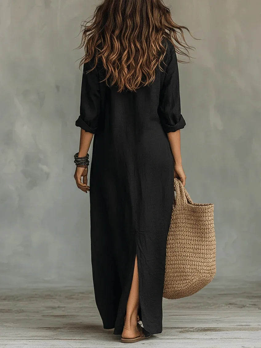 Women's Casual Long Sleeve Loose Maxi Dress – Solid Color Turn-Down Collar Beach & Elegant Dress