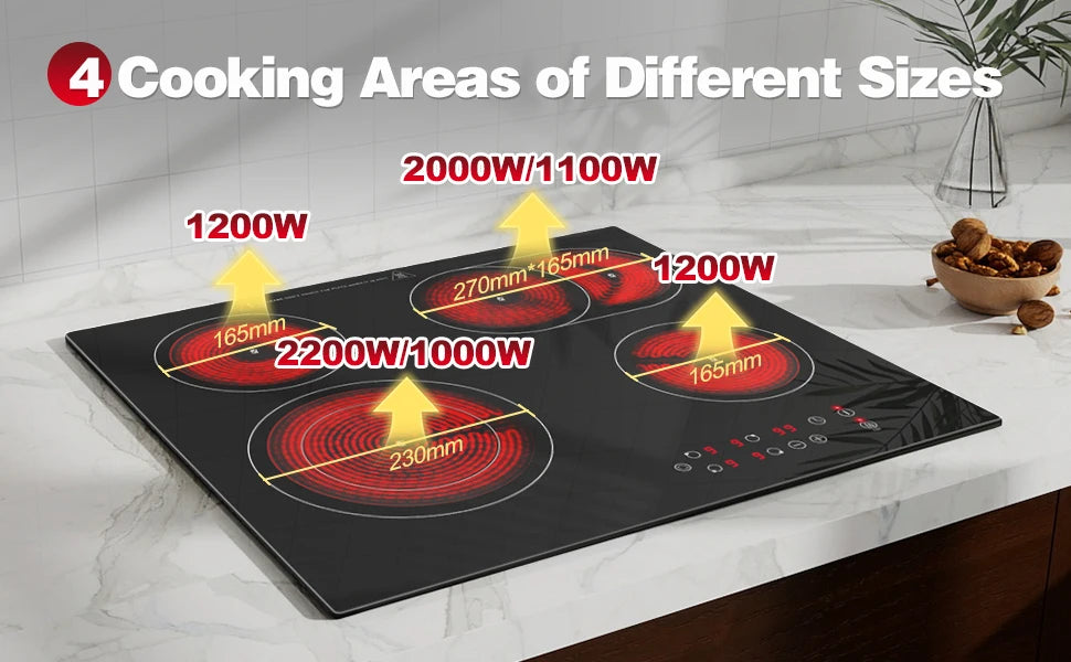 2-Zone Ceramic Hob – 3000W, Child Lock, 9 Heat Levels, 1-99 Min Timer, 60cm Black Glass (CE Certified)
