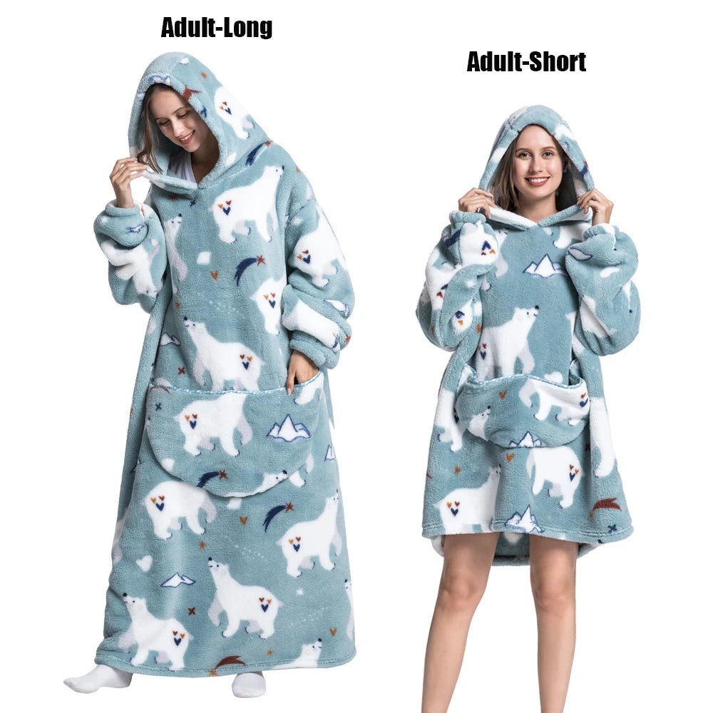 Oversized Wearable Blanket Hoodie – Plush Fleece with Sleeves, Hood & Pocket, 40 Designs