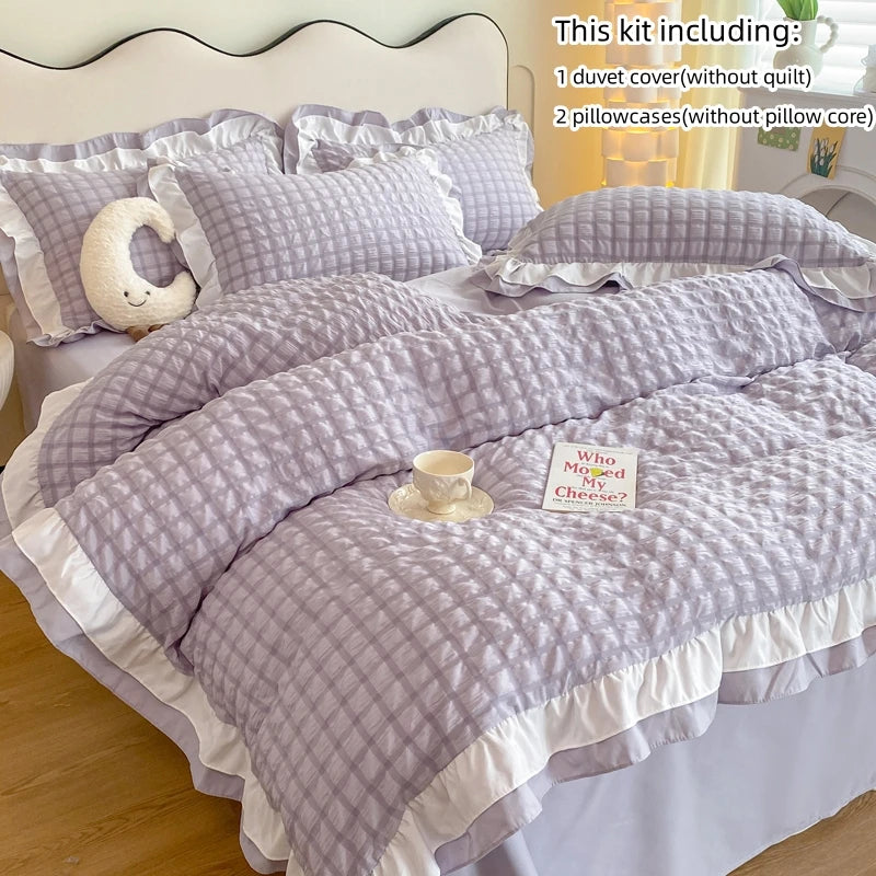 Korean Seersucker Lace Duvet Cover Set – 3-Piece Bedding, 3 Colors & 10 Sizes