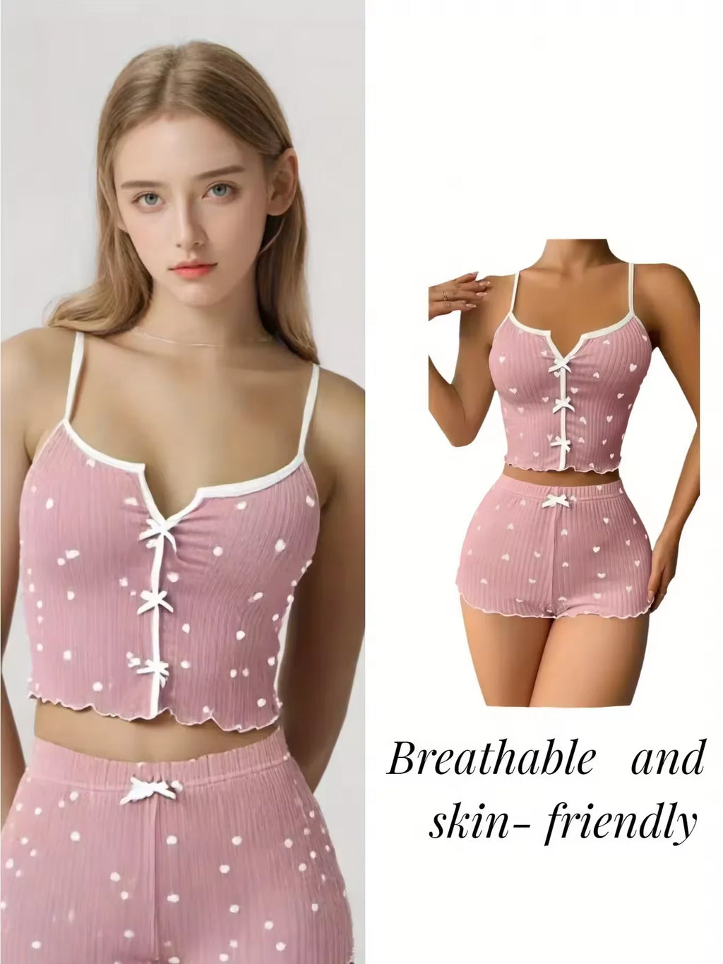 Women's Heart Print Frill Trim Cami Top & Shorts Loungewear | Soft Ribbed Pajama Set