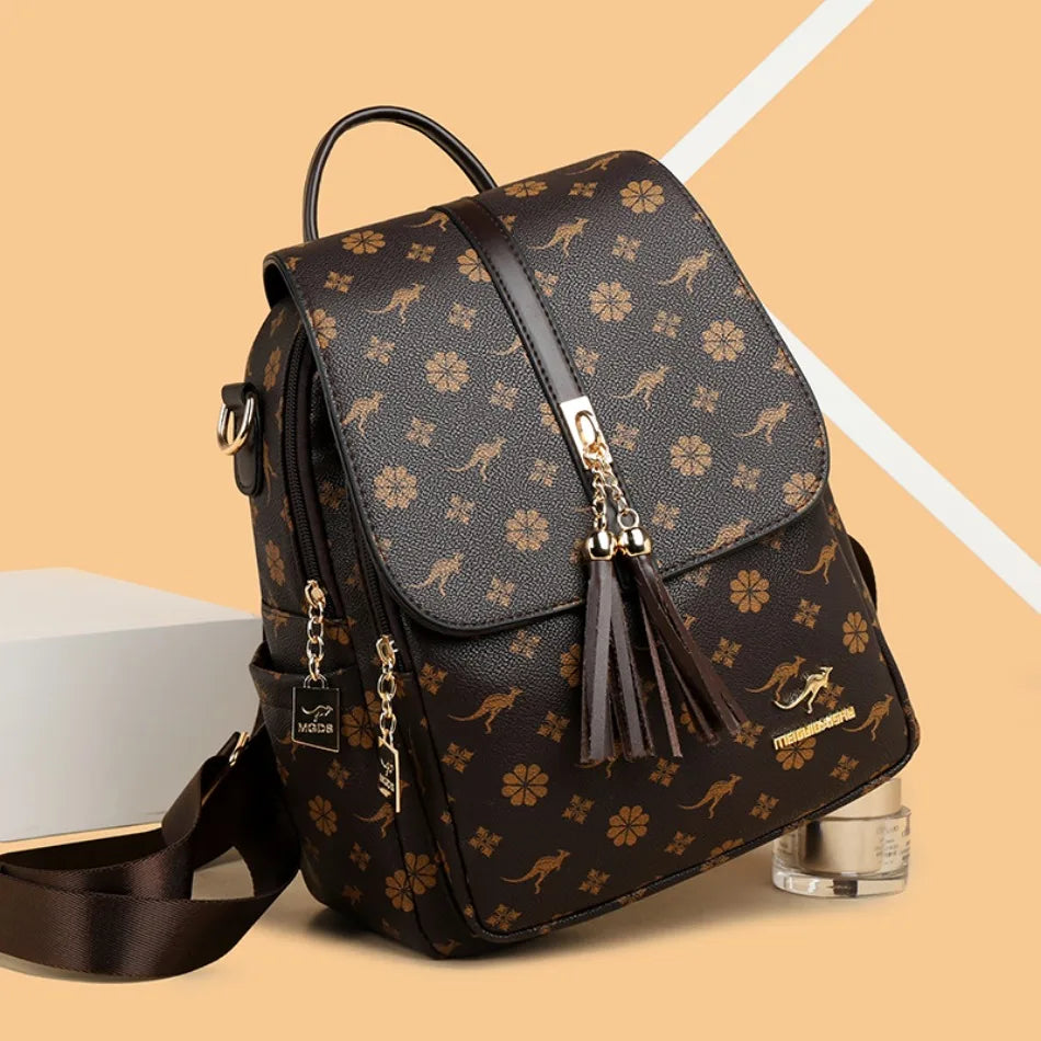 Women's Luxury Leather Backpack – Vintage Print Tassel Fashion Bag