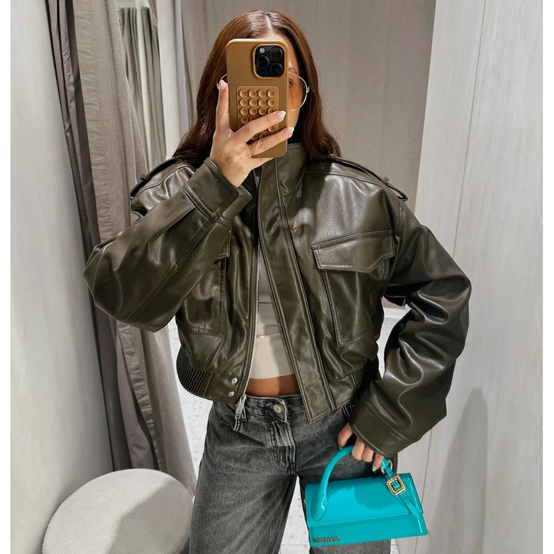 Women's Faux Leather Cropped Bomber Jacket – Zip-Up Moto Biker Coat
