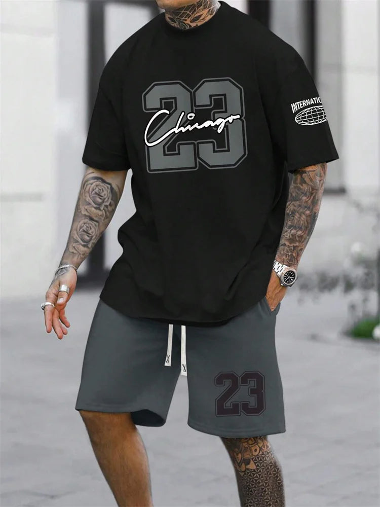 Men's Digital Print Crewneck T-Shirt & Drawstring Shorts Set