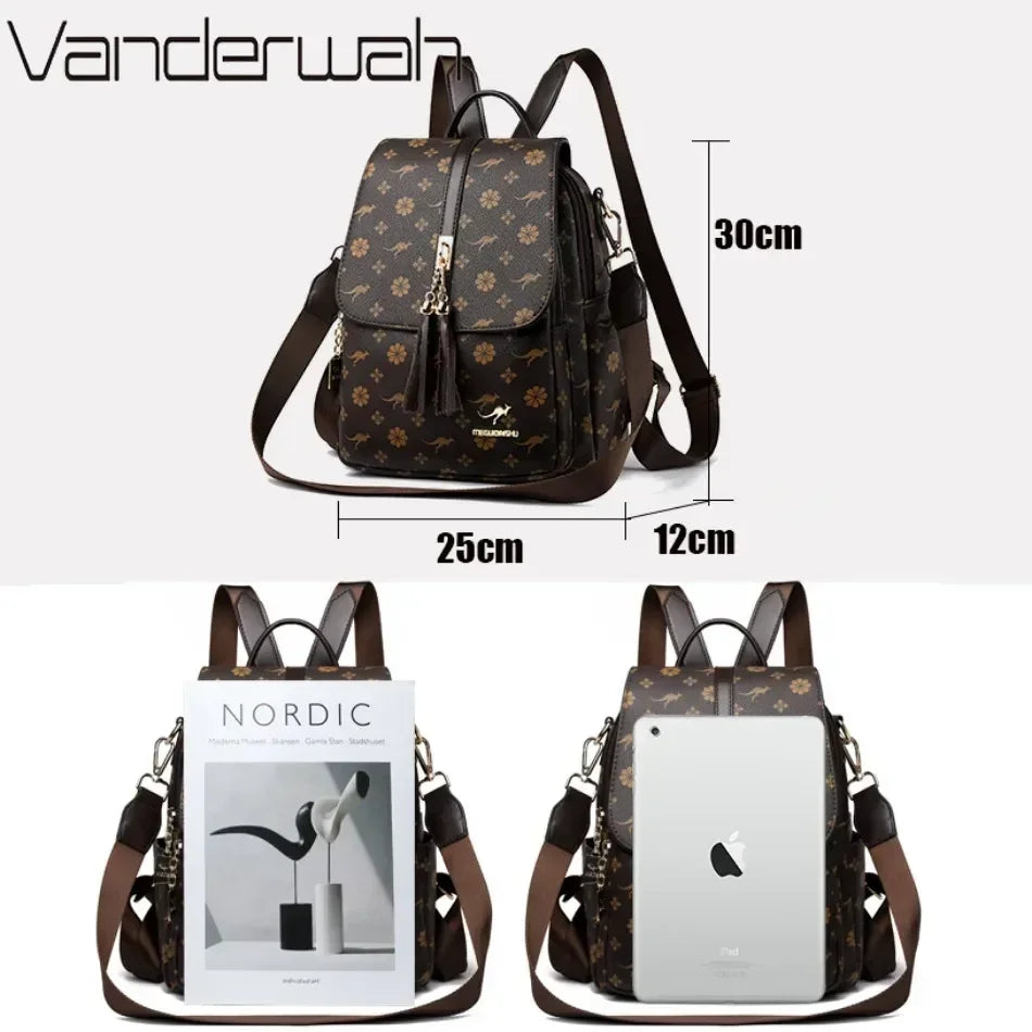 Women's Luxury Leather Backpack – Vintage Print Tassel Fashion Bag