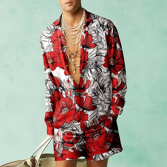 Men's Hawaiian Print Shirt & Drawstring Shorts Beach Vacation Set