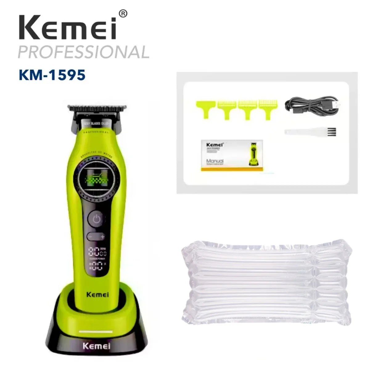 Kemei KM-1593 / KM-1595 Professional Brushless Clipper – 5-Speed, DLC Blade, 200-Min, USB-C