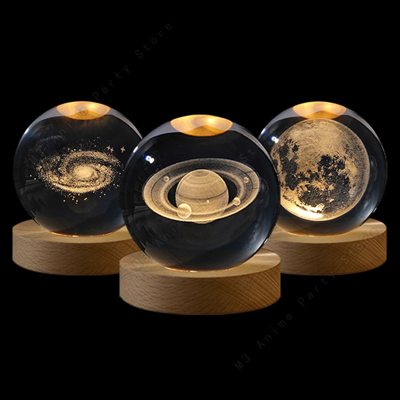 3D Crystal Ball Galaxy Night Light — LED Saturn Moon Lamp, Kids Birthday Gift
