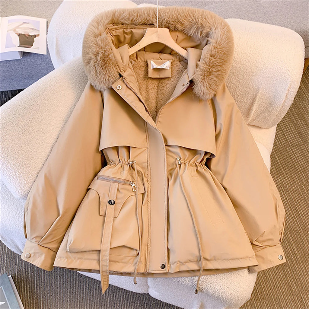 Women's Korean Hooded Padded Parka – Thick Zip-Up Drawstring Winter Coat