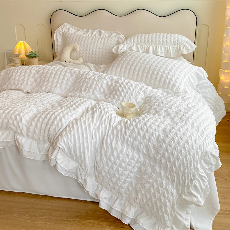 Korean Seersucker Lace Duvet Cover Set – 3-Piece Bedding, 3 Colors & 10 Sizes