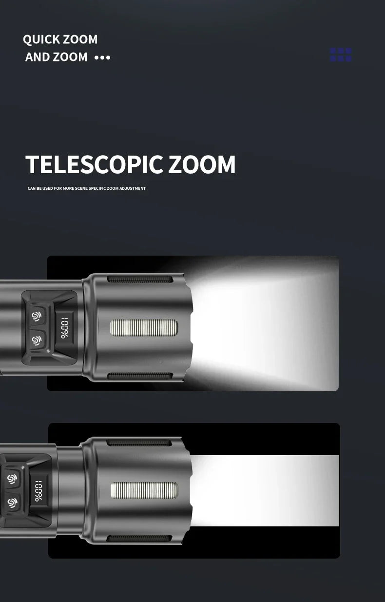 XHP360 Military-Grade 2-in-1 Super High Power Flashlight – 36-Core Zoomable Waterproof Rechargeable Torch with Safety Hammer