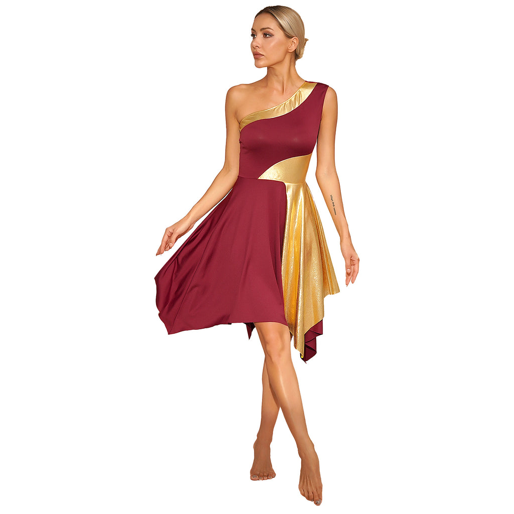 One Shoulder Irregular Hem Dance Performance Dress — Lyrical Worship Dancewear Costume